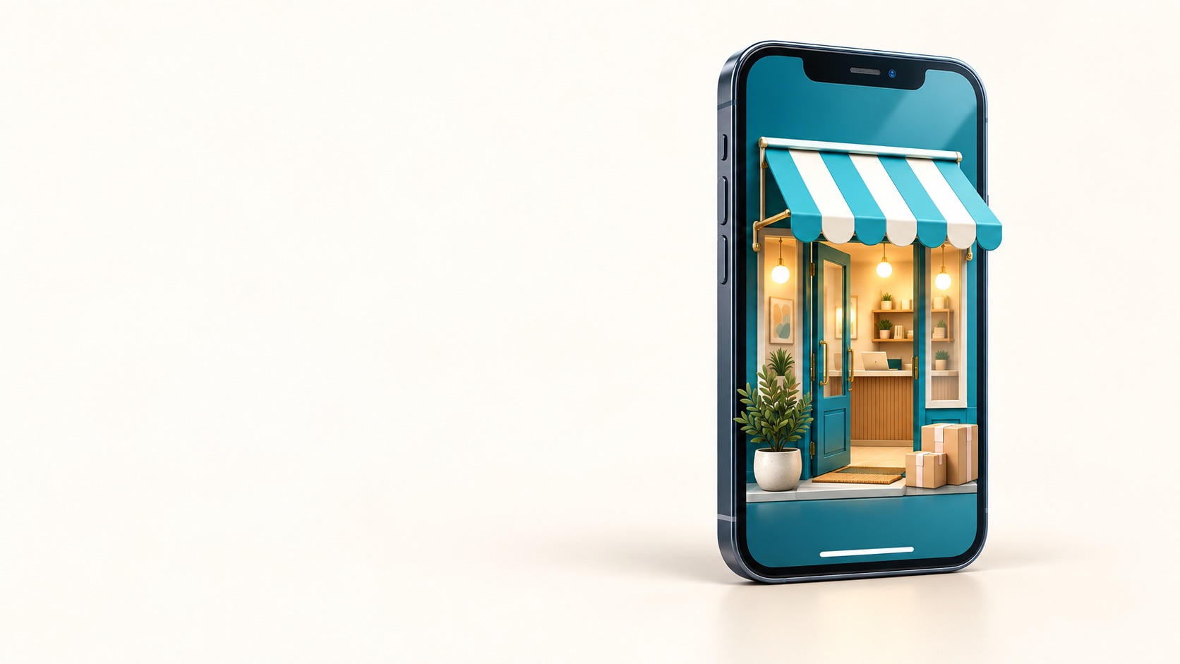 A miniature shop inside a smartphone, bringing a small business online.